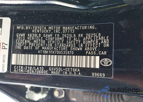 2013 Toyota Camry Xle V6 z USA, uszkodzony, nr VIN 4T1BK1FK7DU535970